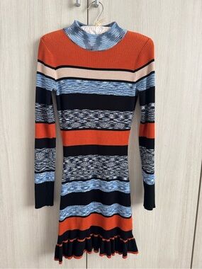 Vici Striped Rib-Knit Long Sleeve Dress in Orange, Blue & Black Sz S